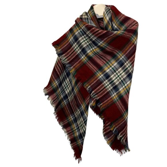 Sylvia Alexander red blue classic fuzzy Fall Plaid Blanket scarf shawl w… - Picture 5 of 8